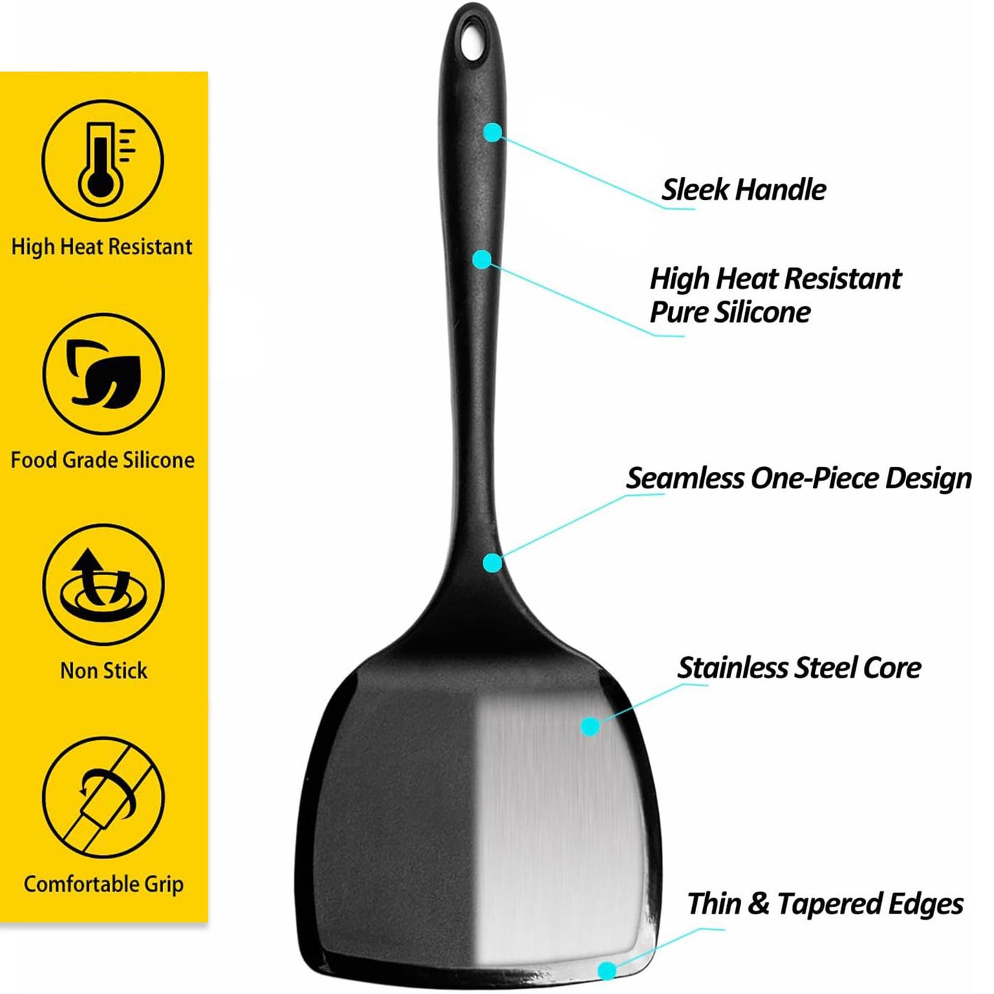 Black Silicone Spatula - High Heat Resistant (600°F), Non-Scratch, Food Grade, Dishwasher Safe Kitchen Turner Scraper for Cooking, Baking, Flipping (1-Pack)