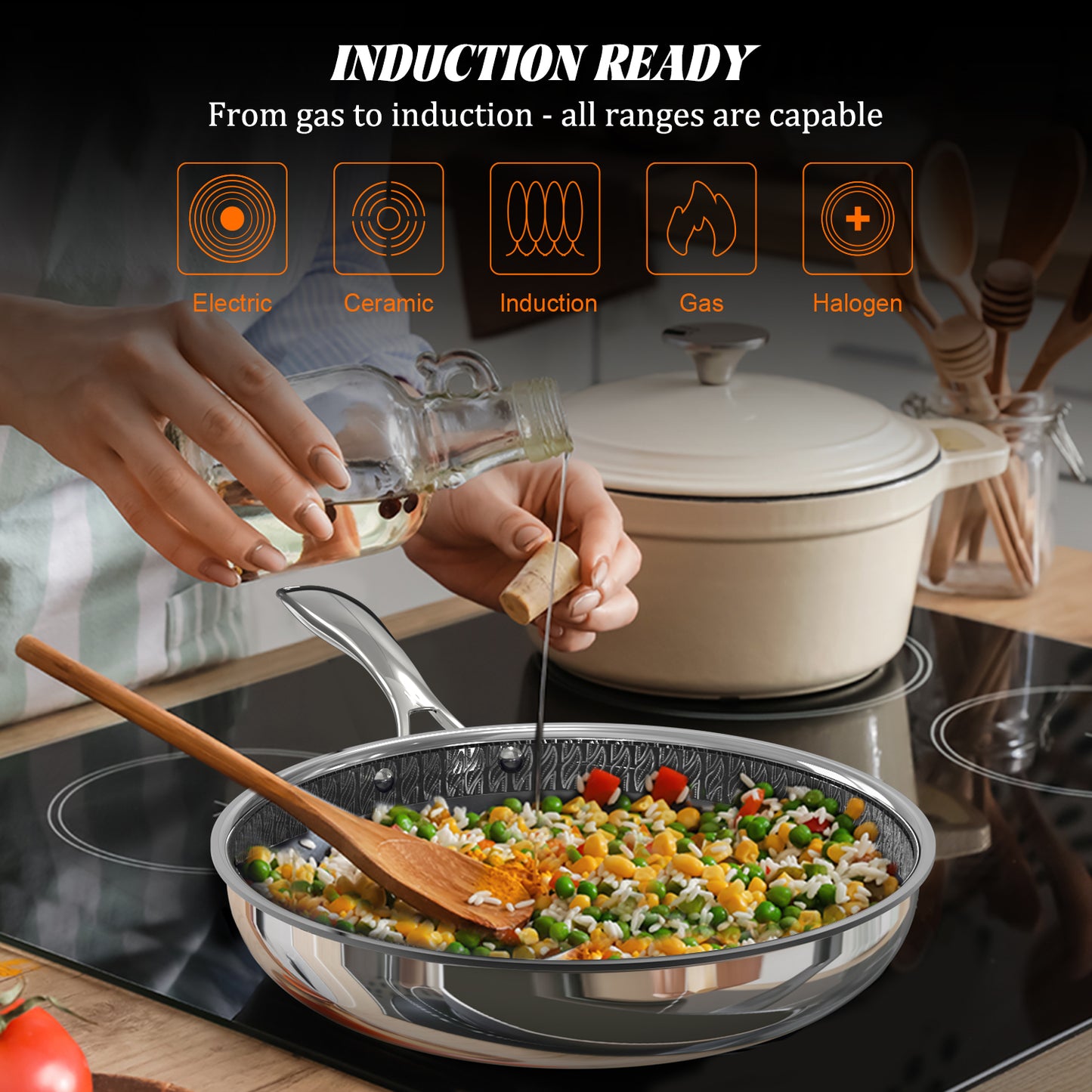 10 Inch Hybrid 3-Ply Stainless Steel Skillet & Nonstick Frying Pan, 2-Layer Ceramic Coated Induction Cookware, PFAS & PTFE Free, 9H Dent/Warp Resistant, Fast & Even Heating, Dishwasher Safe